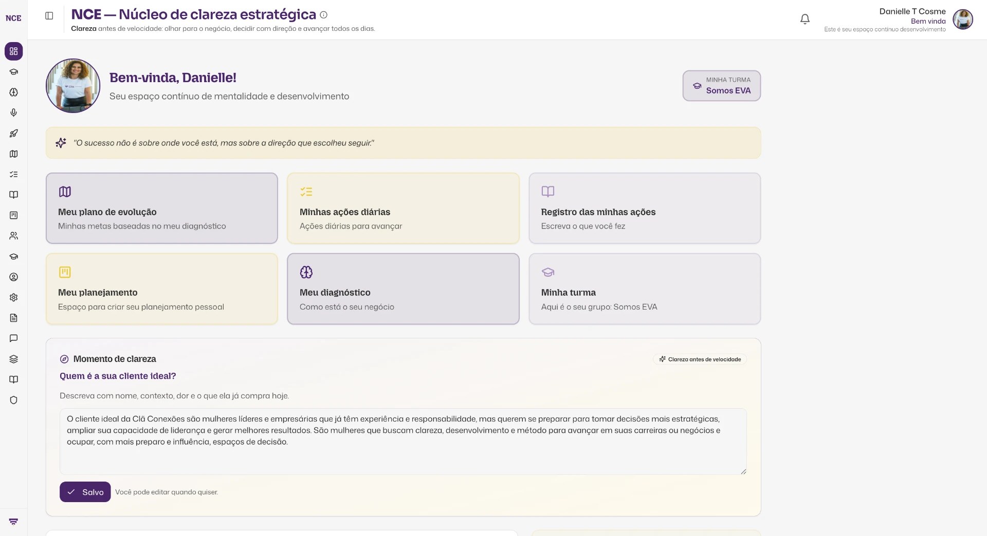 Painel da plataforma NCE com plano de evolução, ações diárias e diagnóstico da participante